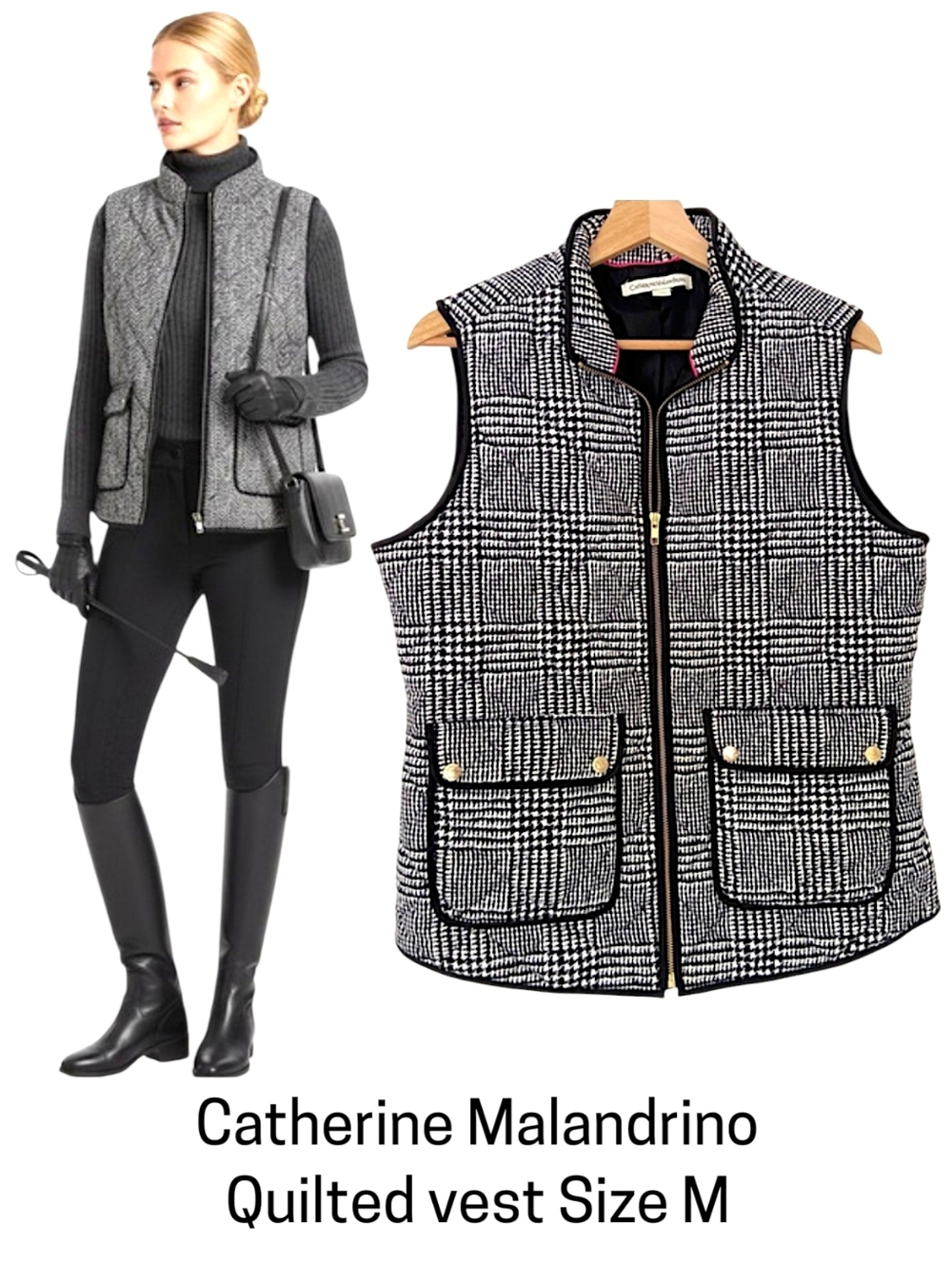 Catherine Malandrino Black and White Quilted Plaid/Herringbone Vest - Size M
